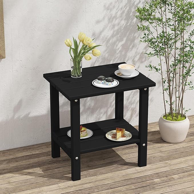 HDPE Outdoor Side Table, Small Patio Table, Weather Resistant Adirondack End Table for Outside, Balcony, Deck, Poolside, Black
