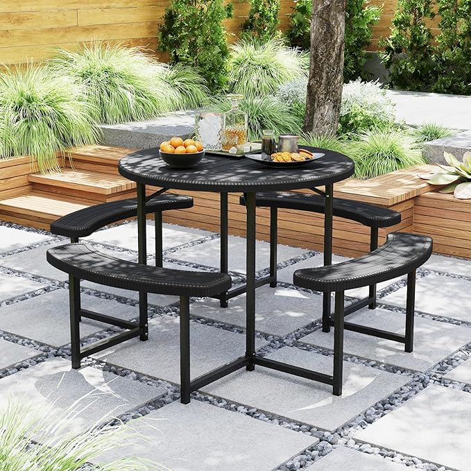Giantex Picnic Table Bench Set for 4-8 Person, Round 37” Outdoor Dining Table w/Umbrella Hole, HDPE Tabletop - Photo 2