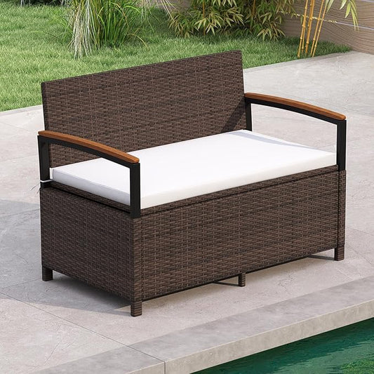 RELAX4LIFE Wicker Outdoor Storage Bench - Rattan Deck Box w/Protective Liner for Patio Furniture Pillows, Pool Supplies & Garden Tools, Porch Loveseat with Seat Cushion, Acacia Wood Armrests