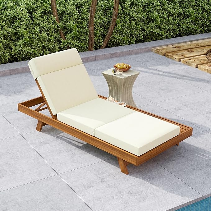 Acacia Wood Chaise Lounge Set with 3-Fold 4" Water-Resistant Cushion & Headrest, 4-Position Adjustable Backrest Recliner - Photo 3