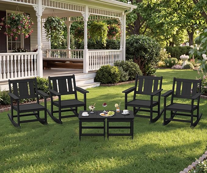 SERWALL HDPE Outdoor Rocking Chairs Set of 6, All Weather 4 Porch Rockers with 2 Side Tables - Photo 1