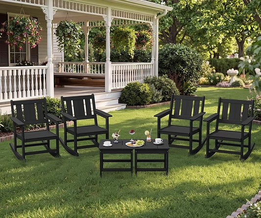 SERWALL HDPE Outdoor Rocking Chairs Set of 6, All Weather 4 Porch Rockers with 2 Side Tables, Waterproof Patio Conversation Set for Fire Pit, Garden, Backyard, Black