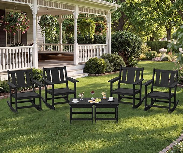 SERWALL HDPE Outdoor Rocking Chairs Set of 6, All Weather 4 Porch Rockers with 2 Side Tables - Photo 1