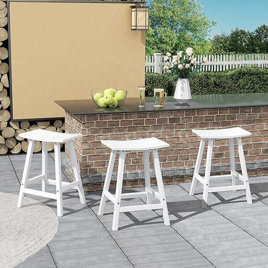 Costaelm All-Weather Bar Stools Set of 3, 24" Height Outdoor Bar Stools, Adirondack Poly Patio Bar Stool for Patio, Deck, Kitchen Counter and Garden,White
