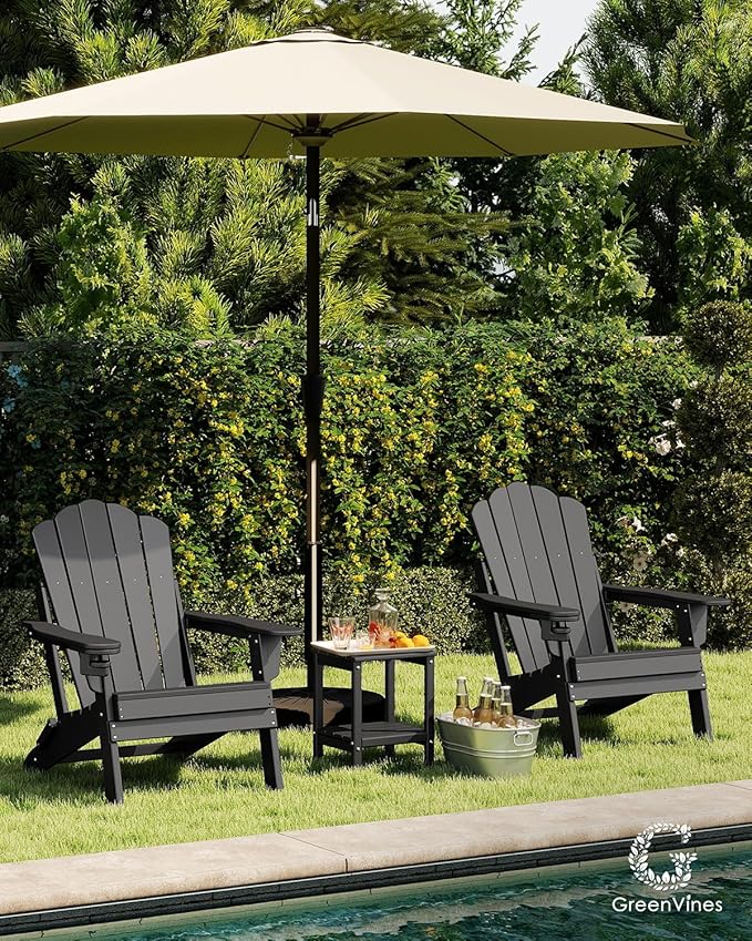 GREENVINES Oversized-Folding-Adirondack-Chairs-Set-of-6 | HDPE Plastic | Cup Holder | Fire Pit Chair | All Weather | for Outdoor Deck Backyard | Black