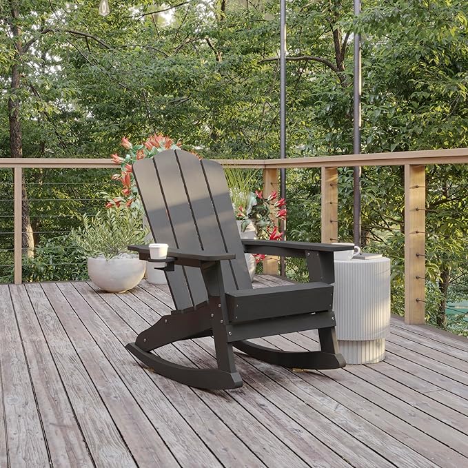 Flash Furniture Newport Adirondack Rocking Chair with Cup Holder, Weather Resistant Poly Resin Adirondack Rocking Chair, Gray, Set of 1