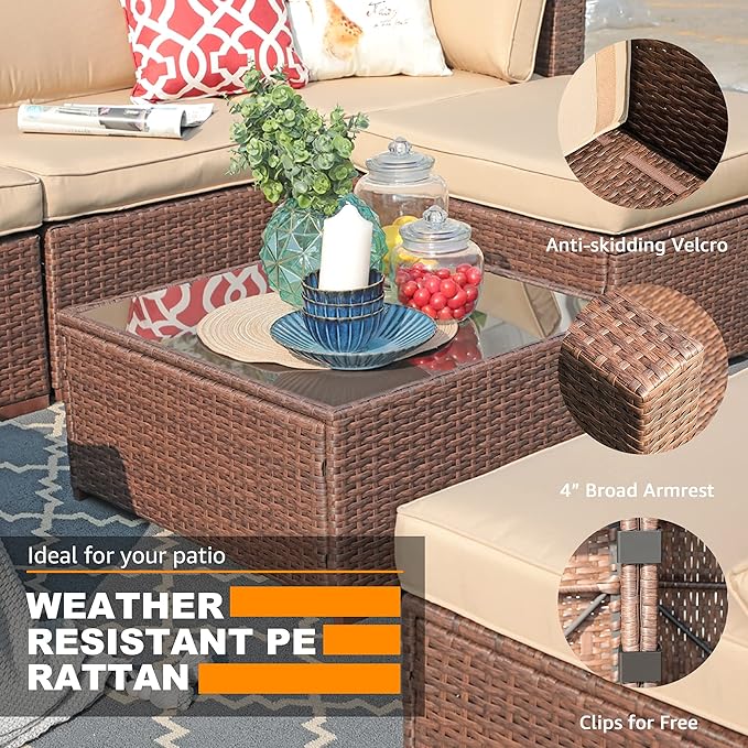 Patiorama Outdoor Wicker Loveseat 2 Pieces, All Weather Brown PE Rattan Sectional Corner Sofa Set - Photo 5