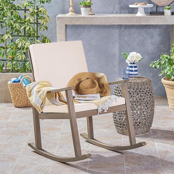 Outdoor Rocking Chair with Armrests and Cushions, Acacia Wood Structure, for Garden, Patio or Balcony, Cream+Grey - Photo 3