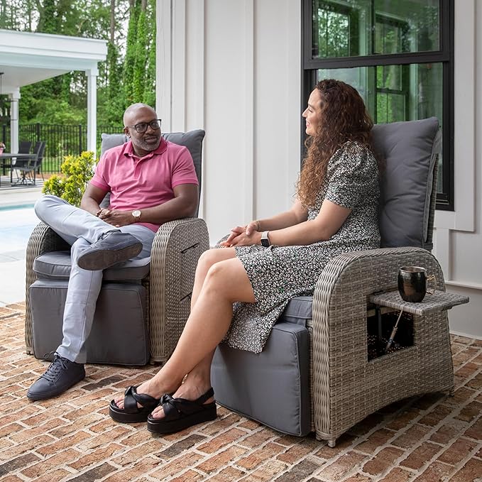 Flash Furniture Nemo Indoor/Outdoor Patio Wicker Rattan Recliner, Lounge Chair with Flip-Up Side Table, Set of 2, Gray