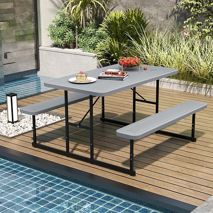 Giantex Picnic Table Bench Set for 4 People, 4.5FT Outdoor Rectangular Dining Table & 2 Benches w/Umbrella Hole - Photo 2