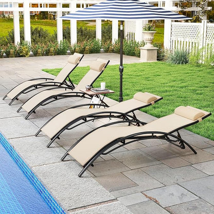 Tangkula Lounge Chairs Outdoor Set of 2, Heavy-Duty Patio Chaise Lounges with 5-Position Backrest & Breathable Seat Fabric, Outside Beach Pool Sunbathing Recliner for Backyard, Poolside (Beige)