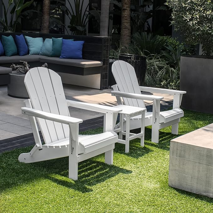 WestinTrends Malibu 3-Pieces Adirondack Chairs Set with Side Table, All Weather Outdoor Seating Plastic Patio Lawn Chair Folding for Outside Porch Deck Backyard, White