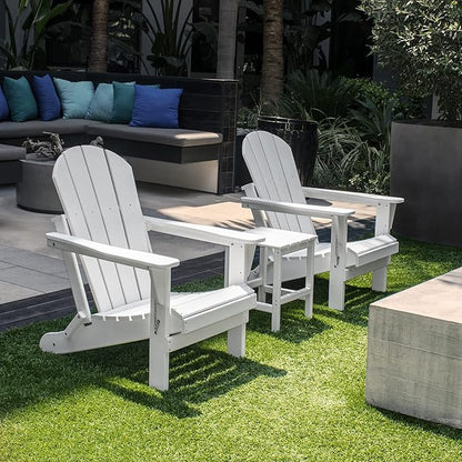 WestinTrends Malibu 3-Pieces Adirondack Chairs Set with Side Table, All Weather Outdoor Seating Plastic Patio Lawn Chair Folding for Outside Porch Deck Backyard, White