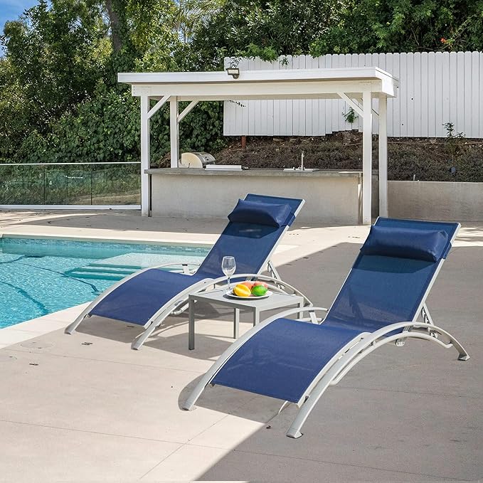 Domi Pool Lounge Chairs Set of 3, Adjustable Aluminum Outdoor Chaise Lounge Chairs with Metal Side Table - Photo 1