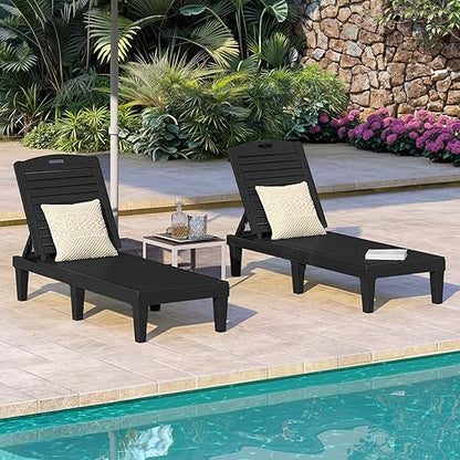 DWVO Outdoor Plastic Chaise Lounger, Poolside Lounge Chair w/5-Position Adjustable Backrest, Waterproof & Easy Setup for Patio, Poolside, Garden (Black, 4 PCS)