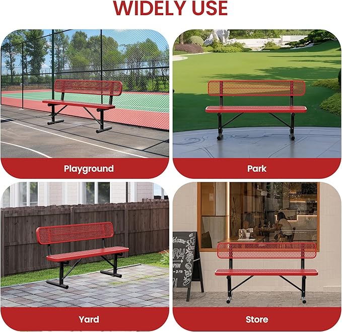 6 Feet Steel Park Bench for Outside, Outdoor Bench with Backrest & Portable Frame, Commercial Benches for Shopping Malls, Stores, Parks, Patios, Decks, Red