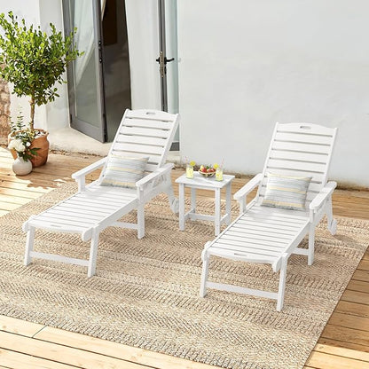 LUE BONA Outdoor Lounge Chair Set with Table, 3-Piece, HDPS Chaise Lounge Outdoor with Wheels, 5 Positions Adjustable Pool Lounger Chairs for Outside, Patio, White