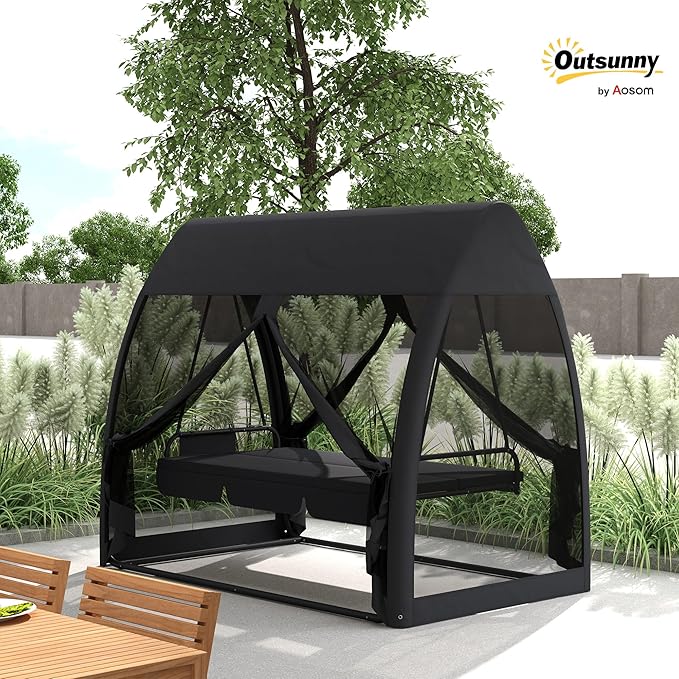 Outsunny 3-Seat Patio Swing Chair, Porch Swing Bed with Convertible Backrest, Cushion, Canopy - Photo 2