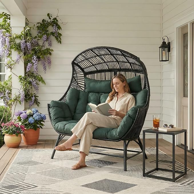 IRONCK 2 Person Egg Chair Indoor Outdoor, Double Lounge Chair, Update Frame, Cushions and Headrests, 700 lbs Egg Loveseat for Garden, Porch, Living Room, Dark Green