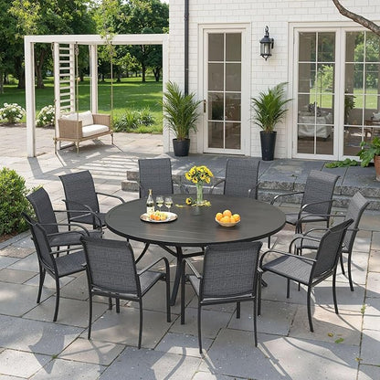 VICLLAX 60" Outdoor Round Patio Dining Table for 8-10, All Weather Metal Dining Table with Umbrella Hole for Deck Lawn Garden Backyard, Black