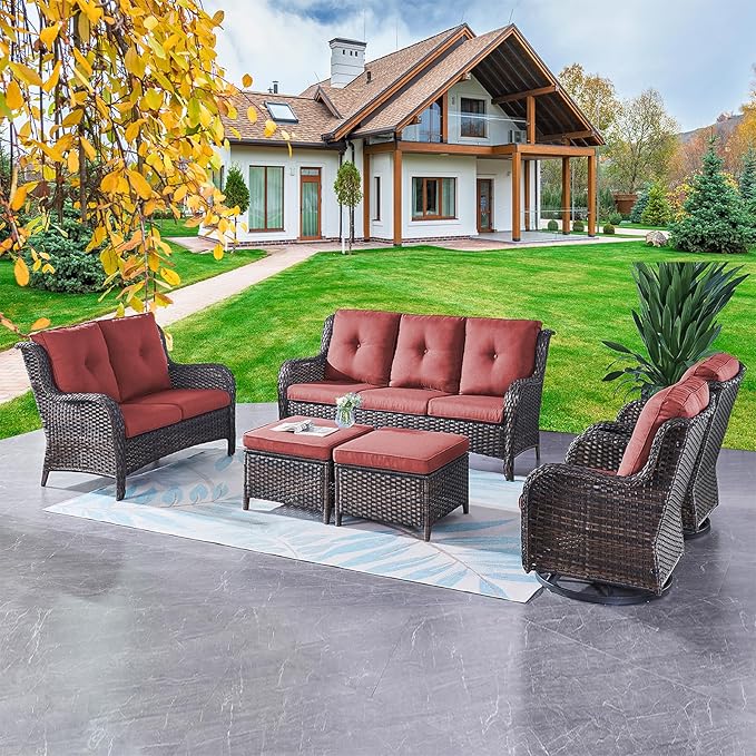 Rilyson Wicker Patio Furniture Set - 6 Piece Rattan Outdoor Sectional Conversation Sets with 2 Rocking Swivel Chairs,2 Ottomans,1 Sofa and 1 Loveseat for Porch Deck Garden(Brown/Red)