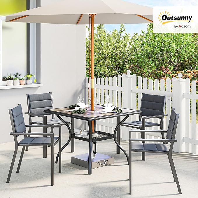 Outsunny Outdoor Dining Table for 4 People, 37" Square Patio Table with Umbrella Hole, Storage Shelf and Faux Wood Top, Metal Frame Outdoor Furniture for Garden, Backyard, Deck, Gray