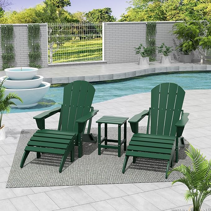 WestinTrends Malibu Outdoor Lounge Chairs Set, 5-Pieces Adirondack Chair Set of 2 with Ottoman and Side Table, All Weather Poly Lumber Patio Lawn Folding Chair for Outside, Dark Green