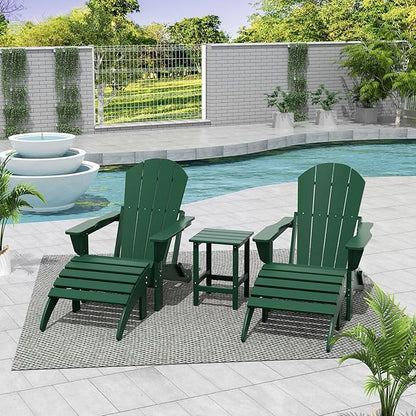 WestinTrends Malibu Outdoor Lounge Chairs Set, 5-Pieces Adirondack Chair Set of 2 with Ottoman and Side Table, All Weather Poly Lumber Patio Lawn Folding Chair for Outside, Dark Green
