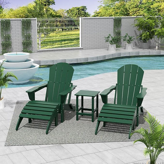WestinTrends Malibu Outdoor Lounge Chairs Set, 5-Pieces Adirondack Chair Set of 2 with Ottoman and Side Table, All Weather Poly Lumber Patio Lawn Folding Chair for Outside, Dark Green