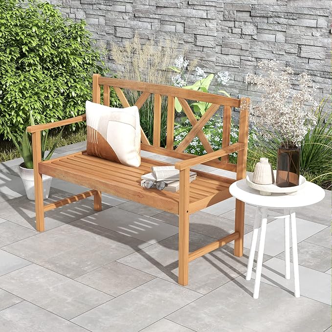 COSTWAY Outdoor Wooden Bench, Outdoor Acacia Wood Loveseat with Curved Armrest & Backrest, Sturdy Wood Bench for Garden, Park & Porch, 47.5"x 22" x 34”