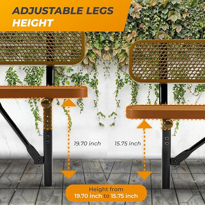 Heavy-Duty Outdoor Metal Bench, Thermoplastic-Coated, Inground, Weatherproof, Commercial-Grade for Parks, Gardens, Patios, Stores & More (8 Ft - Inground with Back, Brown)