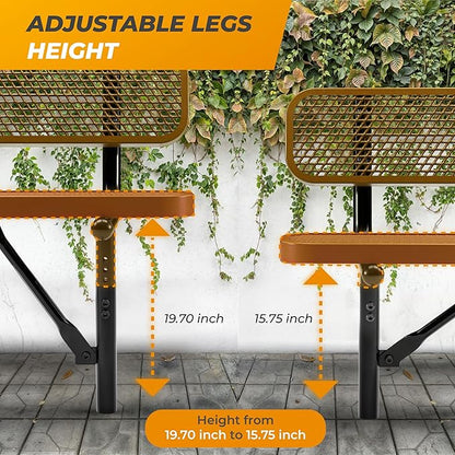 Heavy-Duty Outdoor Metal Bench, Thermoplastic-Coated, Inground, Weatherproof, Commercial-Grade for Parks, Gardens, Patios, Stores & More (8 Ft - Inground with Back, Brown)