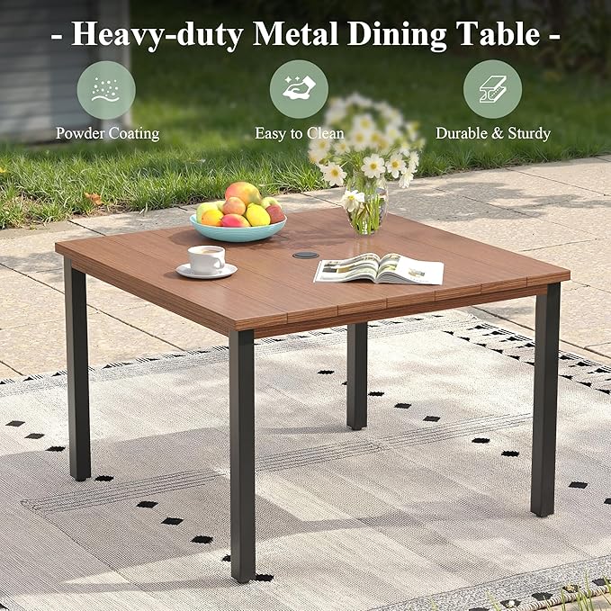 Outdoor Dining Table with Adjustable Umbrella Hole, 40.2" All-Weather Square Patio Dining Table for 4, Metal Patio Table for Garden Lawn Porch Deck Yard, Walnut