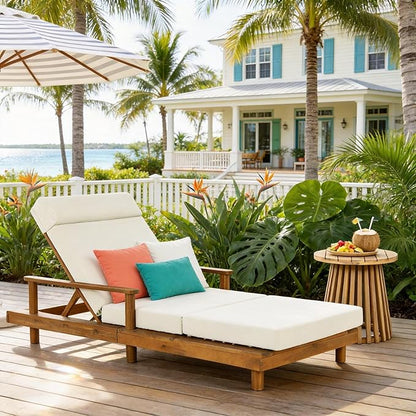 Christopher Knight Home Tuki Acacia Wood Chaise Lounge Chair Outdoor, Poolside Sun Lounger Recliner, Outdoor Chaise Lounge with 4-Fold Cushions, Adjustable Backrest Single Lounge Sofa, Beige+Teak