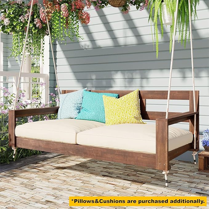 Merax Patio Wooden Twin Size Porch Swing Daybed Frame, Farmhouse Swing Bench Chair with 4 Hanging Ropes for Backyard - Photo 2
