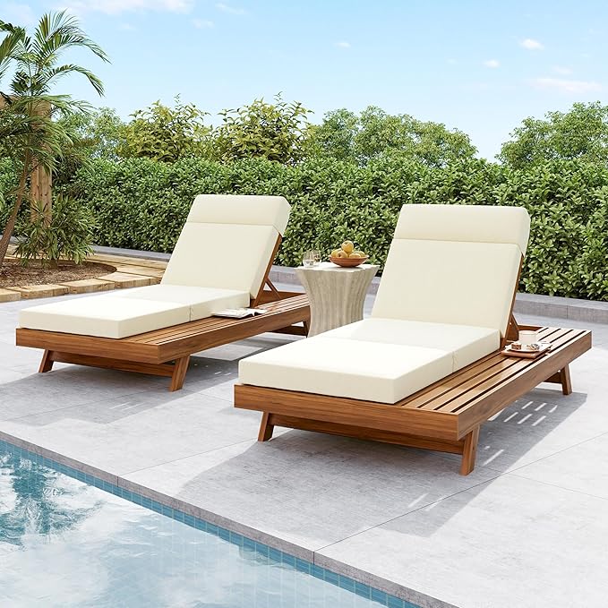 2-Piece Patio Lounge Chair Set with Side Space, Outdoor Chaise Lounge Adjustable & Breathable Acacia Wood Frame - Photo 6