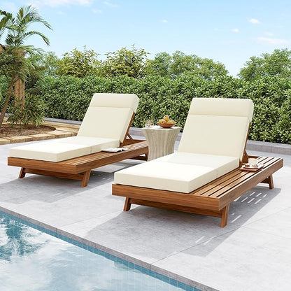 2-Piece Patio Lounge Chair Set with Side Space, Outdoor Chaise Lounge Adjustable & Breathable Acacia Wood Frame, Water-Resistant Cushions(Beige& 4 Inch Thick & 4-FOLD)