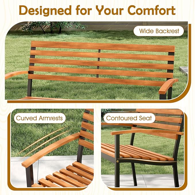 Giantex Outdoor Bench, Acacia Wood Patio Loveseat with Slatted Backrest & Seat, Armrests, Heavy Duty Metal Frame, 800 lbs Capacity, 2-Person Garden Bench for Lawn, Porch, Yard and Park