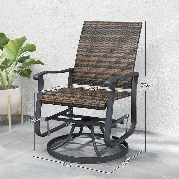 Outsunny Patio Glider Chair Set of 2, Wicker Rattan Outdoor Swivel Chair with Steel Frame, High Back, Armrests, Porch Glider with Adjustable Foot Pads for Garden, Lawn, Backyard, Brown
