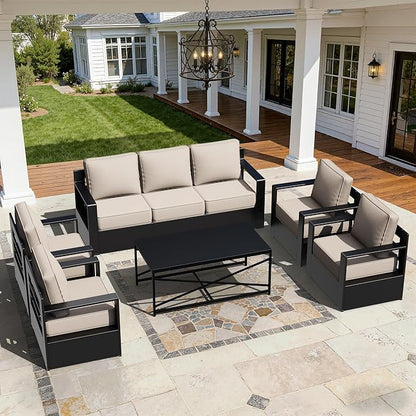 Outdoor Aluminum Furniture Set, 6-Piece Patio Conversation Set, 4 Chairs 1 Sofa and 1 Table, All-Weather Metal Frame, 6" Thick Removable Cushions, Deep Setting for Garden, Poolside and Porch