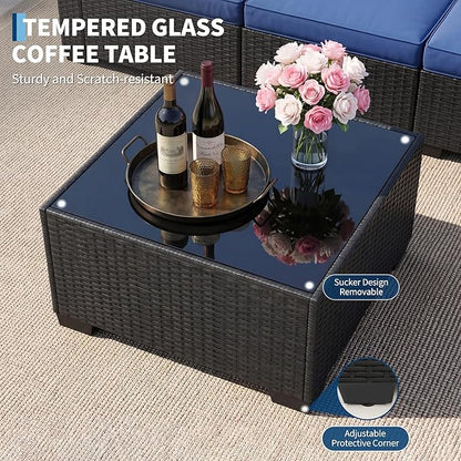 7-Piece Outdoor Patio Furniture Set, Modular Sectional Sofa with Water-Resistant Washable Thick Cushions & Coffee Table, Rattan & Wicker Conversation Set, Brown Frame (Black Wicker & Blue Cushions)