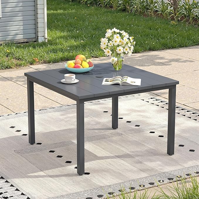 Outdoor Dining Table with Adjustable Umbrella Hole, 40.2" All-Weather Square Patio Dining Table for 4, Metal Patio Table for Garden Lawn Porch Deck Yard, Dark Grey