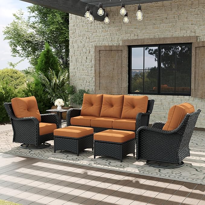 6 Piece Patio Furniture Set, All-Weather Wicker Outdoor Conversation Set with Swivel Rocking Chair and 6 Inch Thick - Photo 1