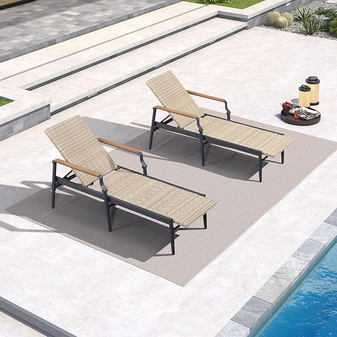 PURPLE LEAF Outdoor Chaise Lounge Chair Set of 2 Patio Pool Lounger Wicker Chairs with Wooden Armrest Sunbathing Tanning Recliner for Pool Backyard Garden Beige