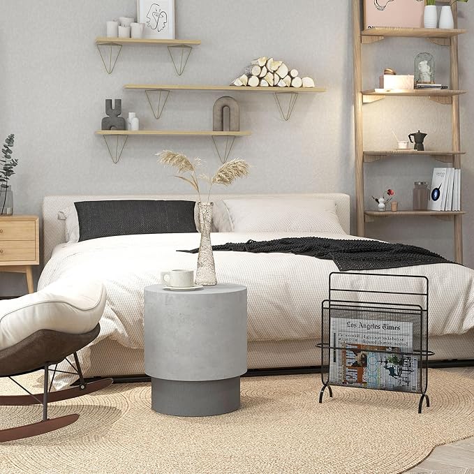 HOMCOM Concrete Finish End Table, Round Side Table with 4 Adjustable Feet, Lightweight for Indoor, Outdoor, Gray