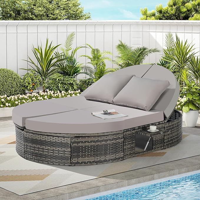 JOSHEN 78" Outdoor Chaise Lounge Chair,Patio Round Daybed,Reclining Wicker Rattan Sun Bed with Adjustable Backrests and Foldable Cup Trays for Backyard,Poolside,Light Gray