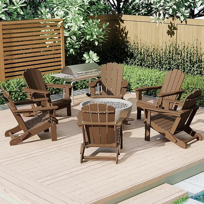 Domi Folding Adirondack Chairs Set of 6, HDPE All-Weather Outdoor Chairs with Cup Holder, Wooden Textured Fire Pit Chairs for Backyard, Patio, Poolside & Deck, Khaki