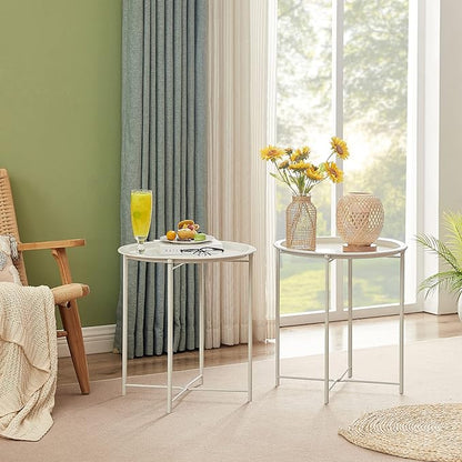 VECELO Side/End Table, Folding Round Metal Anti-Rust and Waterproof Outdoor or Indoor Tray for Living Room Bedroom Balcony and Office, 1 PCS, Beige