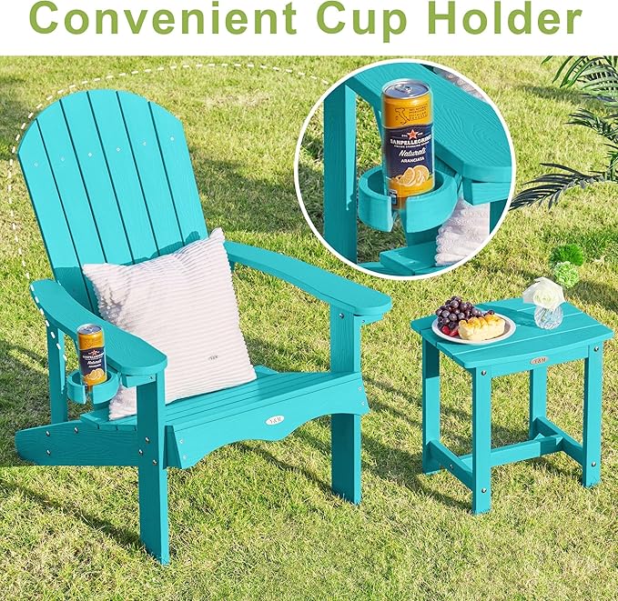Y&M Adirondack Chair Set of 4, Aruba Blue Fire Pit Chairs, Outdoor Patio Chairs with Cup Holder, Weather Resistant HDPE Wooden Textured Patio Chairs, Perfect for Garden, Lawn, Deck, or Poolside