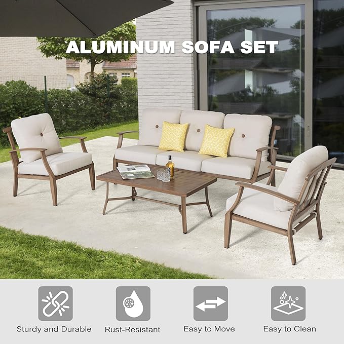 Outdoor Aluminum Conversation Sofa Set, 4-Piece Patio Sofa with Zippered Cushion and Coffee Table, for Porch Garden Backyard Balcony and Poolside, Beige